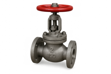 Industrial globe valve with red handwheel on transparent background