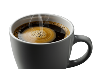 Ultra-macro, white ceramic mug filled with intensely dark, steaming espresso & velvety brown crema, isolated on transparent, dramatic studio lighting, shallow depth of field, sophisticated product