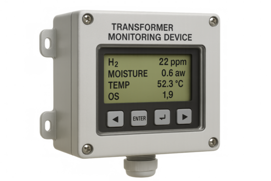 Transformer monitoring device displaying h2, moisture, temperature data