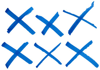 Obraz premium Hand drawn blue cross marks set with marker brush strokes, abstract ink X symbols collection for wrong choice, error, cancel, rejection, doodle sketch isolated simple signs on transparent background