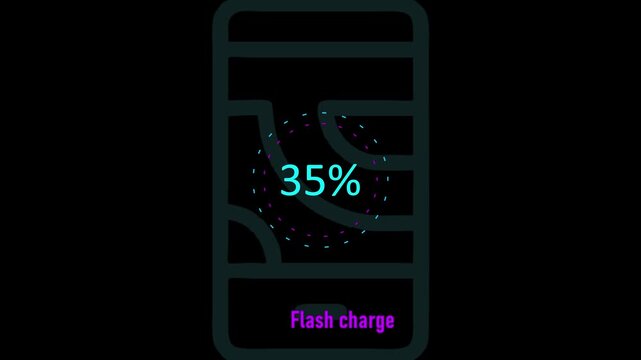 Circle battery charging animation with power icon and percentage numbers.35 Isolated on black background. Charge Level Icon. Charging Icon. Flat style. charging empty battery icon wk video