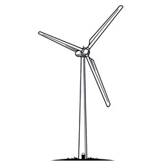 A black and white illustration of a wind turbine with three blades on a tall tower, set against a white background.