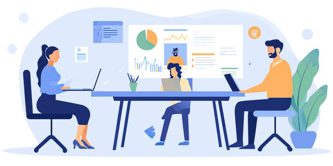 Three colleagues working remotely on laptops during a video conference call in modern office with charts and data analytics on screen in flat vector style business illustration