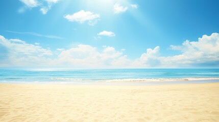 Vast flat beach with soft sand, calm sea and clear blue sky, visible distant horizon adds depth, ideal for travel promotions, poster design and digital art projects.