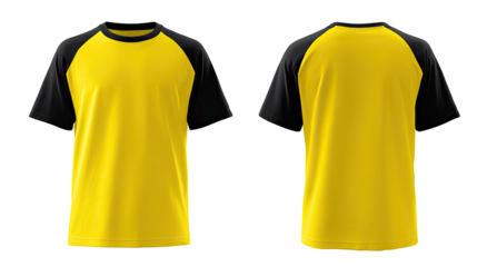 Blank yellow t-shirt with black sleeves, front and back views