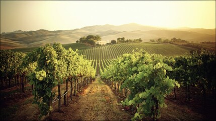 Fototapeta premium vineyard. Golden hour vineyard landscape with rows of grapevines extending toward rolling hills, travel magazines, destination branding, designed for outdoor magazines and nature guides.