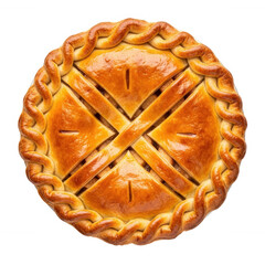 Golden baked pie with braided crust and lattice top isolated on a transparent background brown