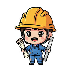An adorable cartoon of a construction worker happily holding blueprints and a ruler, wearing a yellow helmet and blue overalls. Vector illustration kawaii