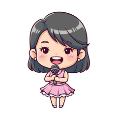 Cute cartoon girl holding microphone, ready to sing Vector illustration kawaii