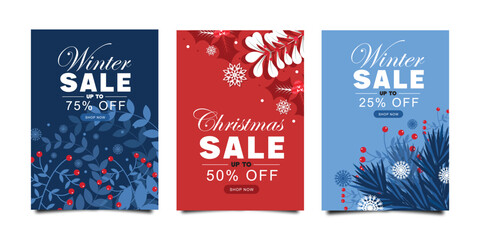 Merry Christmas and Happy New Year Set of greeting cards with fir tree branch, snowflakes, Mistletoe Branches, Holly Leaves and Berries