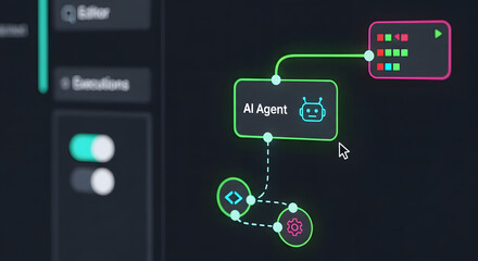 Advanced digital workflow interface with an AI agent node demonstrating intelligent automation processes and interconnected system development