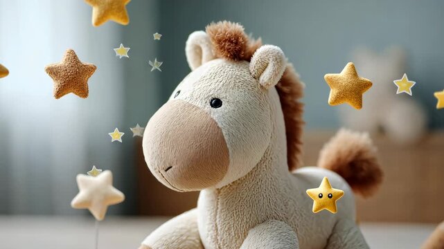 Cuddly toy horse with floating stars in gentle motion sequence