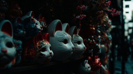 Traditional Japanese Festival Masks Display in Atmospheric Night Market