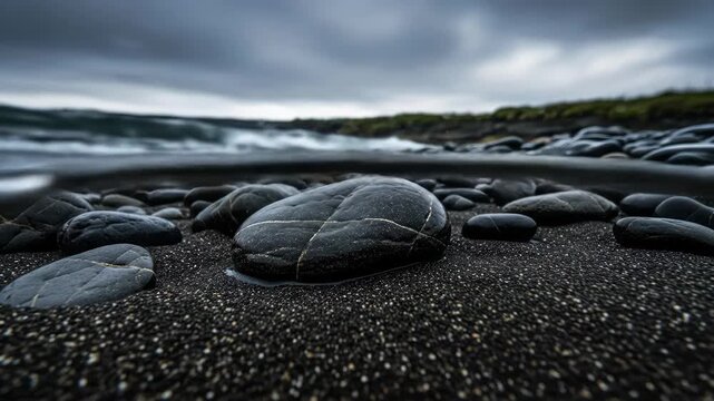 Moody landscape of black pebbles on sand beach under overcast sky, rock stones nature scene, Iceland. Water with horizon and green grass in the distance.