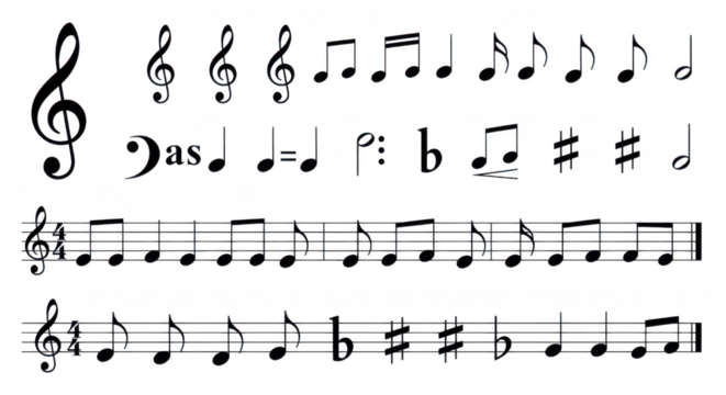 Abstract sound wave visualization with musical notes isolated on transparent background