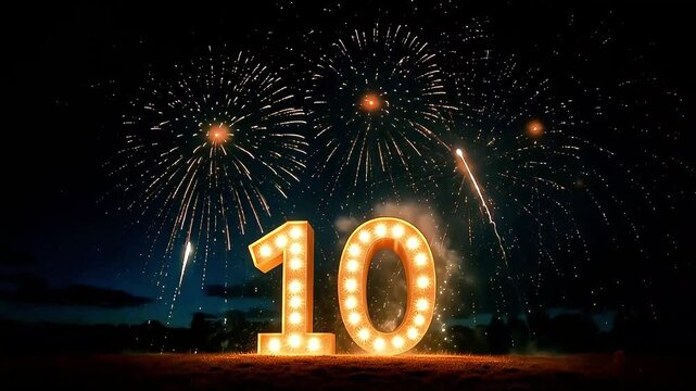 Vibrant fireworks explode celebrating a spectacular tenth anniversary with dazzling light and festive energy