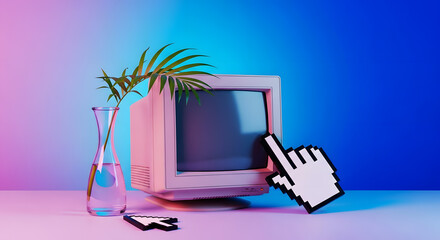 Vibrant retro computer setup with a tropical leaf and pixelated cursor on a neon gradient background