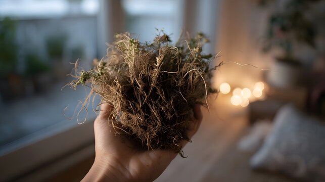 A hand holds a clump of uprooted weeds with visible roots and soil blurred warm lights in the background - Powered by Adobe