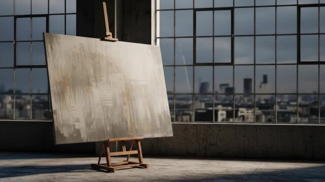 Blank canvas on easel in art studio with city view, artistic creativity concept, cityscape, urban, blank space, and sunlight.