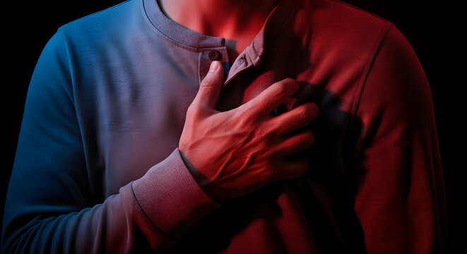 Man clutching chest in pain, red and blue lighting, concept of heart attack or chest pain