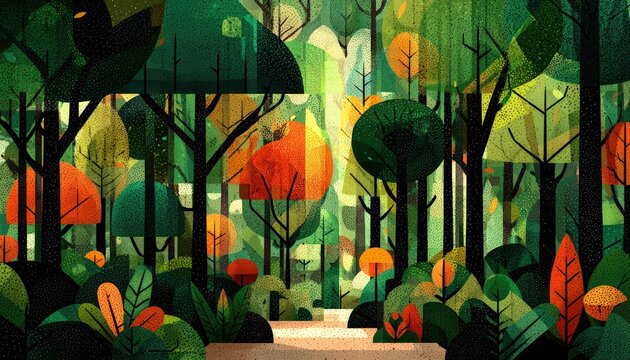Colorful forest scene, stylized trees and foliage