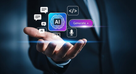 Artificial Intelligence hologram for digital content generation, AI tools for text, code, image and voice, futuristic business technology and automation innovation concept