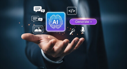 Artificial Intelligence innovation for content generation, AI technology producing text, images, code and speech, futuristic digital transformation and automation concept