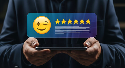 Customer satisfaction and positive review concept, businessman holding tablet with 5-star rating, feedback, online survey, user experience, client trust and quality service