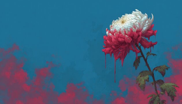 Crimson chrysanthemum bleeds against a teal sky