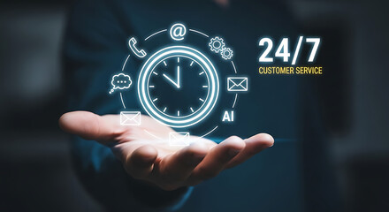 24/7 customer service support concept, businessman showing digital clock with AI and communication icons, artificial intelligence assistance and business technology