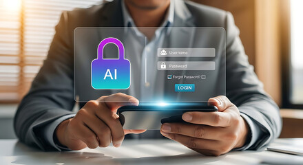 AI security login authentication concept, businessman using smartphone with digital lock, artificial intelligence protection, data privacy and cybersecurity technology