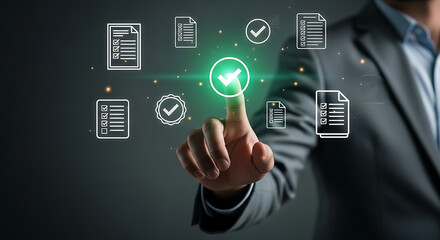 Businessman approving digital documents with glowing green check mark, concept of online verification, quality control, electronic signature and data validation