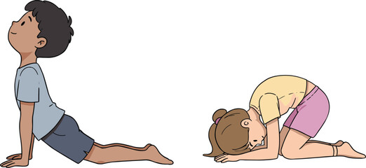 Children doing yoga poses illustration, cartoon-style wellness activity scene, mindful childhood artwork, physical exercise concept, calm and playful