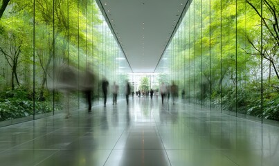 Glass office and working space with blurred people walking fast movement, Eco-friendly featuring sustainable building with green environment and trees, green environment in city