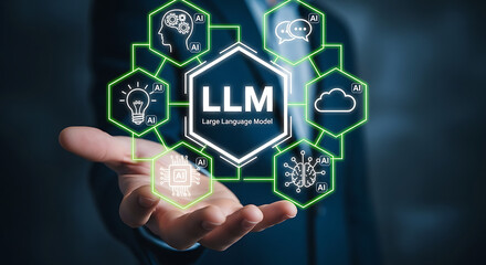 Businessman holding Large Language Model LLM icon with AI technology symbols, machine learning, natural language processing, generative AI and digital innovation concept