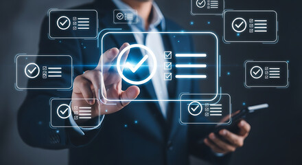 Businessman using smartphone with digital checklist approval icon, project management, workflow organization, task tracking and business productivity concept