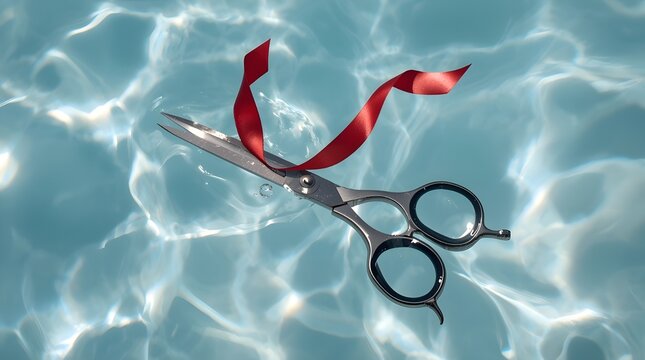 Scissors Cutting Through a Red Ribbon in Water