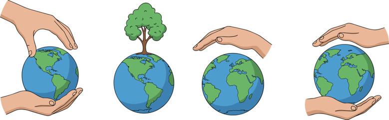 Earth protection illustration, cartoon-style environmental care concept, sustainability artwork, planet and nature icon, global responsibility design