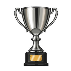 Shiny silver trophy cup with handles and a golden plaque on a black base, symbolizing victory and achievement in competition.