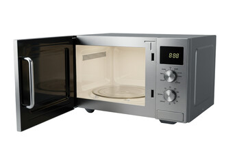 Fototapeta premium A modern, high-end microwave with brushed silver satin finish, deep black glass door slightly ajar, transparent interior, frosted glass turntable on transparent, concept of advanced appliance