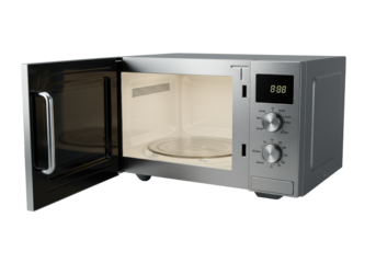 A modern, high-end microwave with brushed silver satin finish, deep black glass door slightly ajar, transparent interior, frosted glass turntable on transparent, concept of advanced appliance