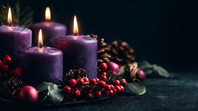 Purple advent candles with festive winter berries and pinecone decor