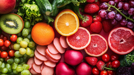Fresh assorted fruits and vegetables vibrant colors healthy food citrus berries grapes kiwi tomatoes lettuce cucumber pink radish orange grapefruit strawberries cherry tomatoes leafy greens