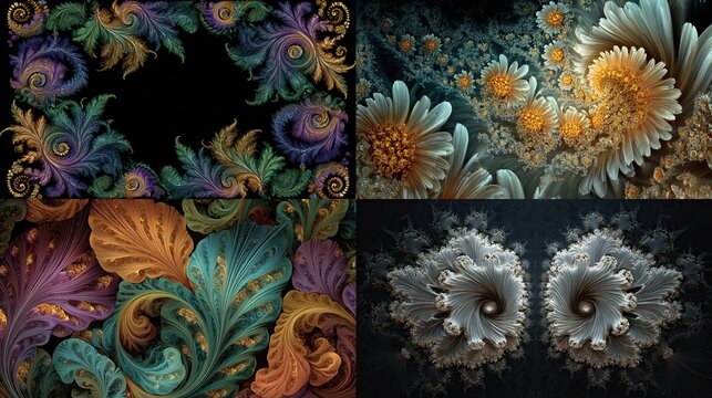Floral patterns showcase a collection of colorful & detailed fractal nature illustrations