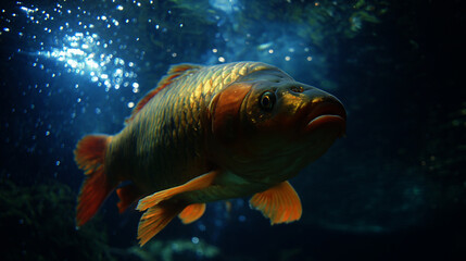 Naklejka premium Majestic Golden Carp Swimming in Deep Blue Underwater Environment with Sparkling Light Effects