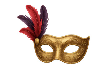 Golden carnival masquerade mask with red and purple feathers