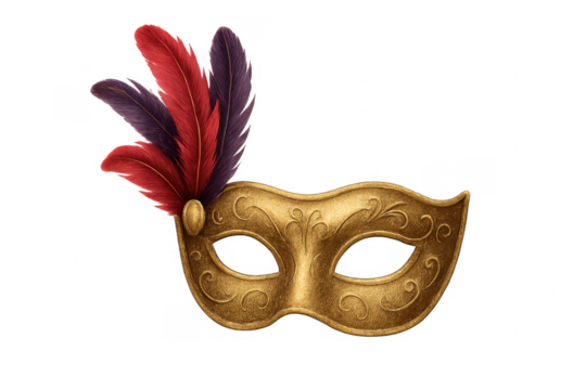 Golden carnival masquerade mask with red and purple feathers