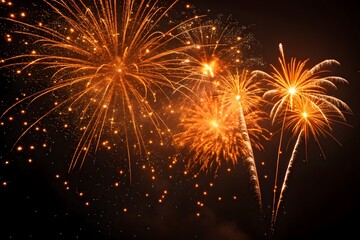 Fototapeta premium Festive orange sparkle starburst fireworks with glowing particles and stardust on black background