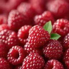 Close Up Macro Shot Of Fresh Raspberries Isolated On White Background With Green Leaves And Shallow Depth Of Field