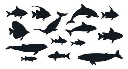 Fototapeta premium Silhouette ocean life marine animals fish dolphin whale shark sea creature vector illustration design graphic art